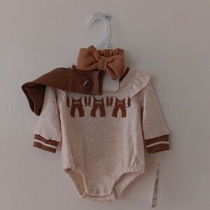 Nicole Miller Cream and Brown Baby Girl's Football Bodysuit